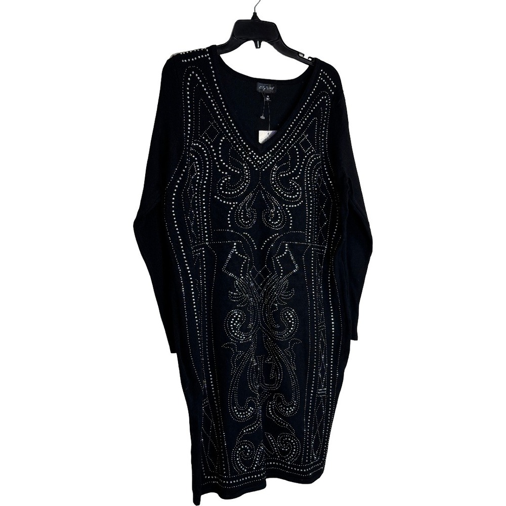 Say What Womens 2X Black Rhinestone Embellished V-Neck Sweater Dress Tunic NEW - Picture 10 of 11
